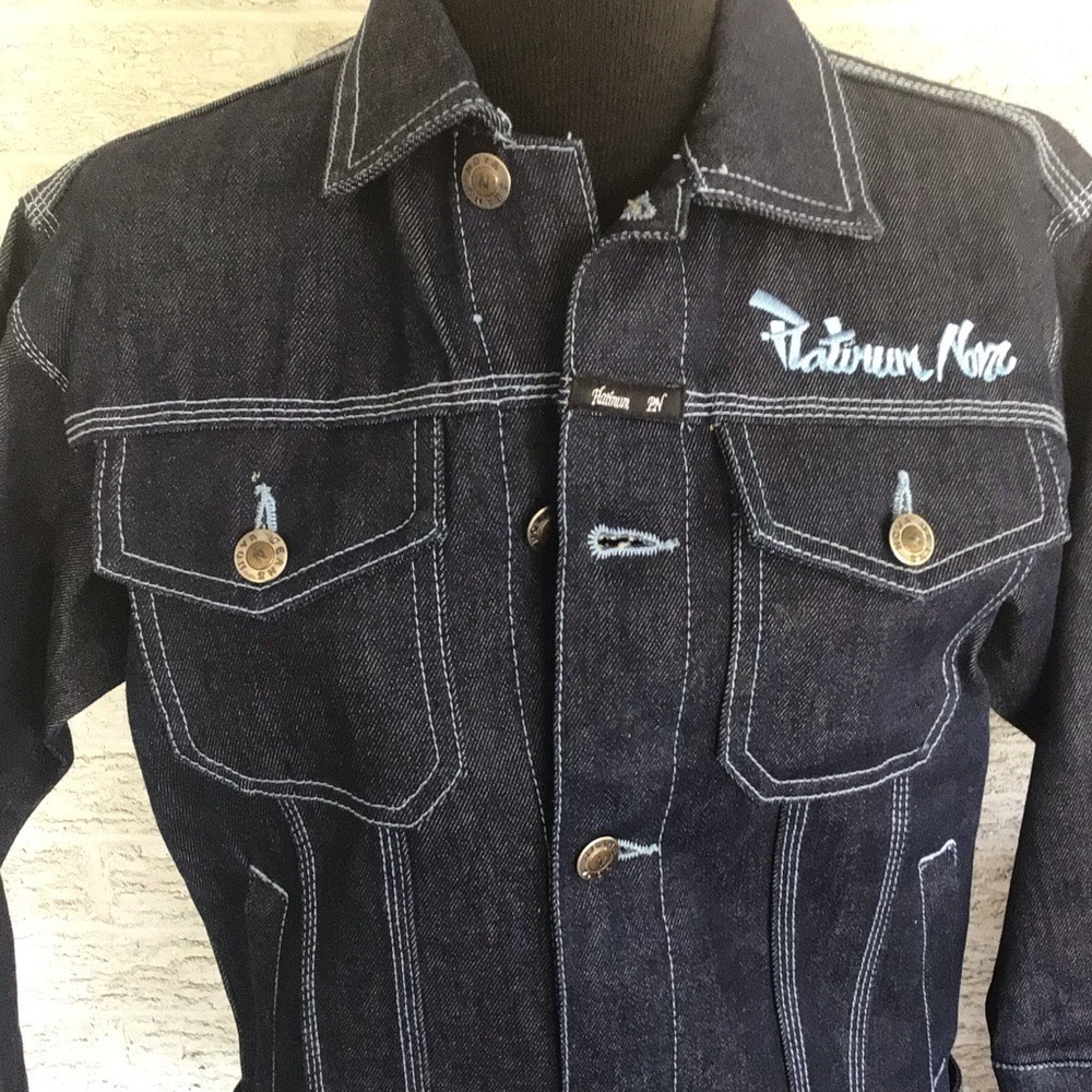 Platinum Nova Jean Boys Large 6/7 Dark Wash Denim Jacket Embroidered Hip Hop Y2K - Picture 12 of 14